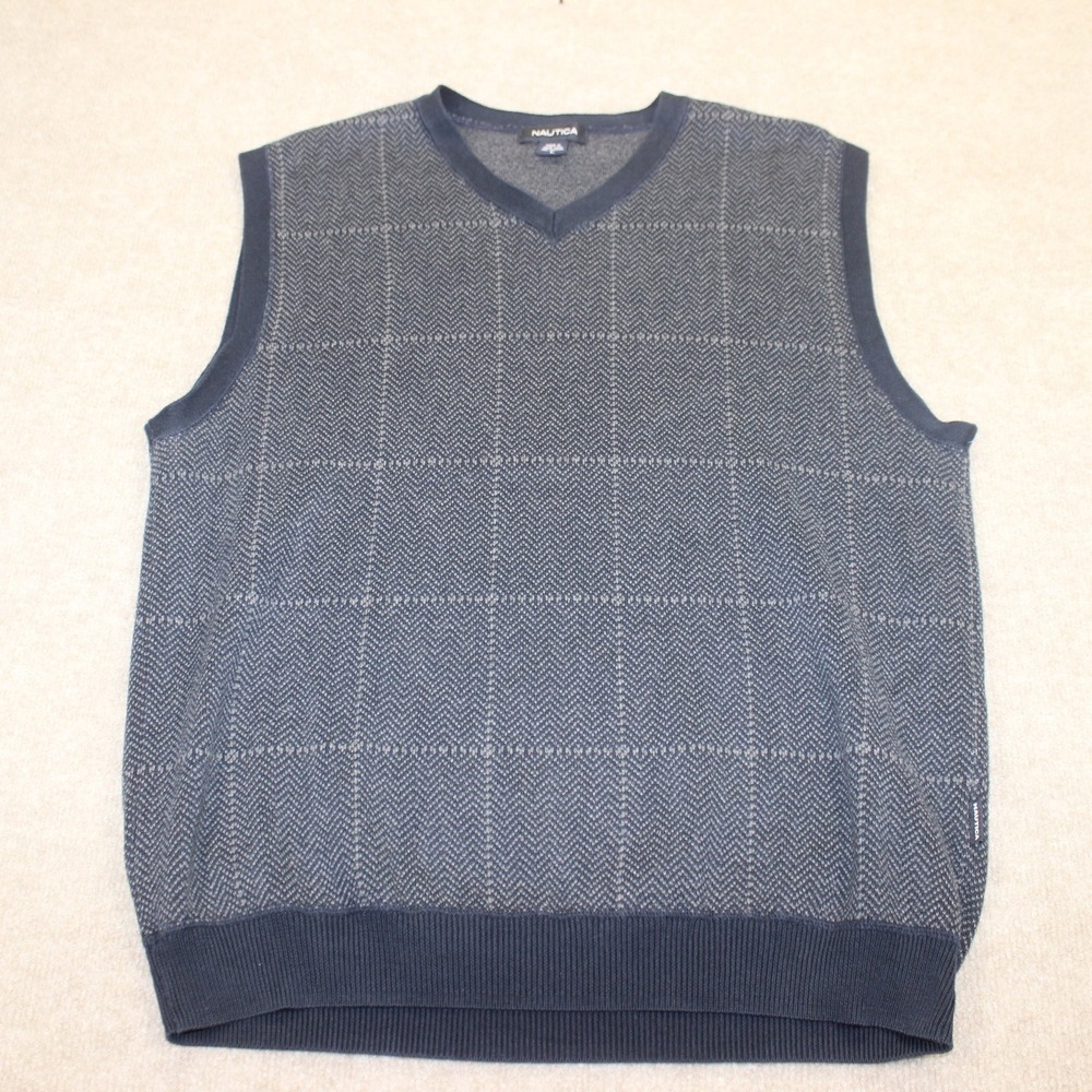 Nautica Mens Large Navy Blue Herringbone Windowpane Cotton V-Neck Sweater Vest
